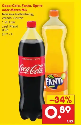 Netto Getränke Discount Coca-Cola, Fanta, Sprite o. Mezzo Mix 1,25L Angebot