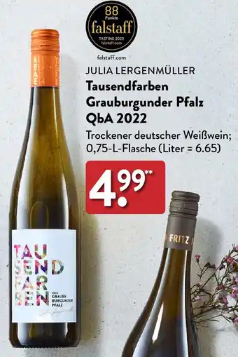 Aldi Nord Julia Lergenmüller Tausendfarben Grauburgunder Pfalz QbA 2022, 0,75 L Flasche Angebot