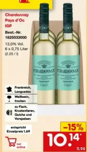 Netto Marken-Discount Chardonnay Pays d'Oc IGP 6x0,75L Angebot