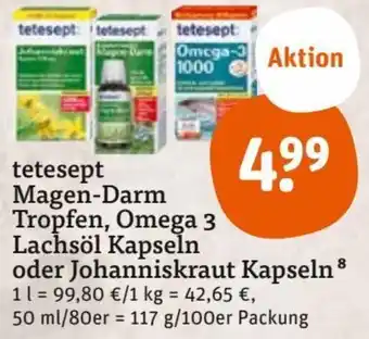 tegut Tetesept Magen Darm Tropfen, Omega 3 Lachsöl Kapseln oder Johanniskraut Kapseln 117 g/100er Packung Angebot