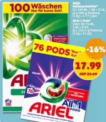 PENNY Ariel Vollwaschmittel 6.500 g oder All in 1 Pods 1.550,4 g Packung Angebot