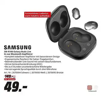 Saturn Samsung sm-r180 galaxy buds live in-ear bluetooth kopfhörer Angebot