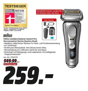 Saturn Braun 9465cc wet&dry rasierer series 9 pro herrenrasierer (active quattro head) Angebot