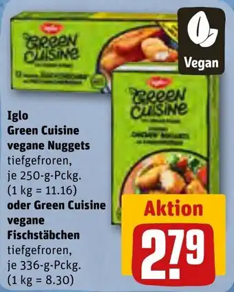 REWE Iglo Green Cuisine vegane Nuggets 250 g oder Green Cuisine vegane Fischstäbchen 336 g Pckg. Angebot