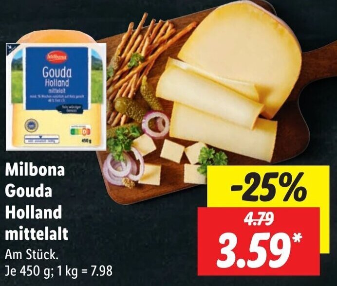 Milbona Gouda Holland mittelalt 450 g Angebot bei Lidl