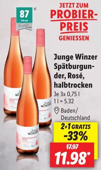 Lidl Junge Winzer Spätburgunder, Rosé, halbtrocken 3x0,75 L Angebot