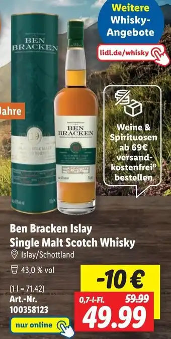 Lidl Ben Bracken Islay Single Malt Scotch Whisky 0,7 L-Fl. Angebot