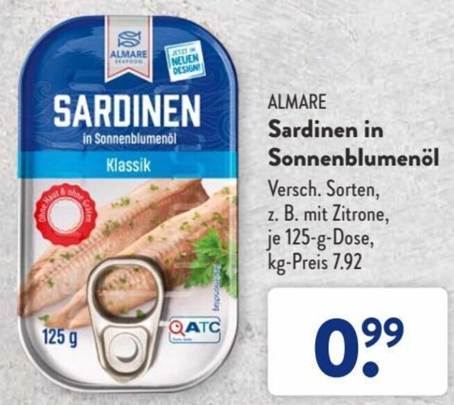 Almare Sardinen in Sonnenblumenöl 125 g Dose Angebot bei Aldi Süd