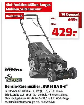 Hagebau Honda mr. gardener benzin-rasenmäher „hw 51 ba h-3“ Angebot