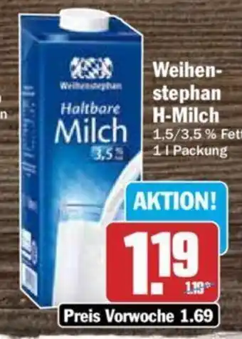 Hit Weihenstephan H-Milch 1 l Packung Angebot