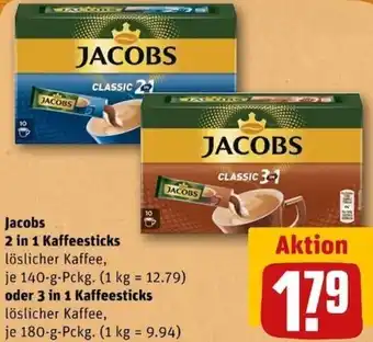 REWE Center Jacobs 2in1 Kaffeesticks 140 g oder 3in1 Kaffeesticks Löslicher Kaffee 180 g Pckg. Angebot