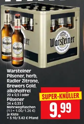 Edeka Herkules Warsteiner Pilsener, herb, Radler Zitrone, Brewers Gold, alkoholfrei 20 x 0,5 l oder Pilsener 24 x 0,33 l Angebot