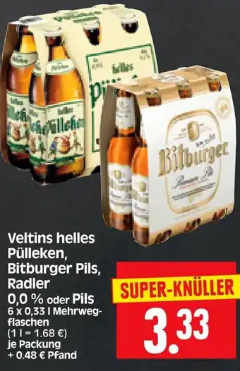 Edeka Herkules Veltins Helles Pülleken, Bitburger Pils, Radler 0,0 % oder Pils 6 x 0,33 l Angebot