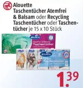 Rossmann Alouette Taschentücher Atemfrei & Balsam oder Recycling Taschentücher oder Taschentücher 15x10 Stück Angebot