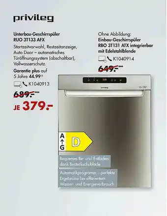 Galeria Privileg Unterbau-geschirrpüler Ruo 3t133afx Oder Rbo 3t131 Atx Integrierbar Mit Edelstahlblende Angebot