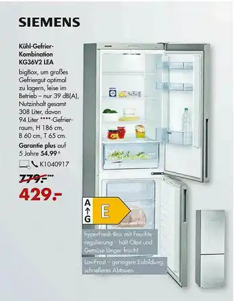 Galeria Siemens Kühl- Gefrierkombination Kg36v2 Lea Angebot