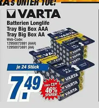 HEM Expert Varta Batterien Longlife Tray Big Box AAA Oder AA Angebot