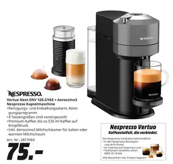 MediaMarkt Nespresso Vertuo Next ENV 120.GYAE + Aeroccino3 Nespresso Kapselmaschine Angebot