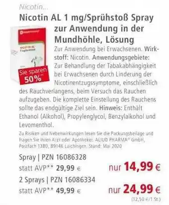 Apotal Nicotin Al 1 Mg-sprühstoß Spray Zur Anwendung In Der Mundhöhle, Lösung Angebot