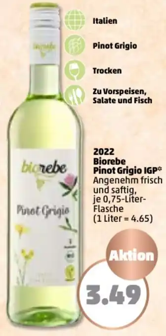 PENNY 2022 Biorebe Pinot Grigio IGP 0,75 Liter Flasche Angebot