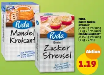 PENNY Puda Bunte Zuckerstreusel 200 g oder Mandelkrokant 150 g Packung Angebot
