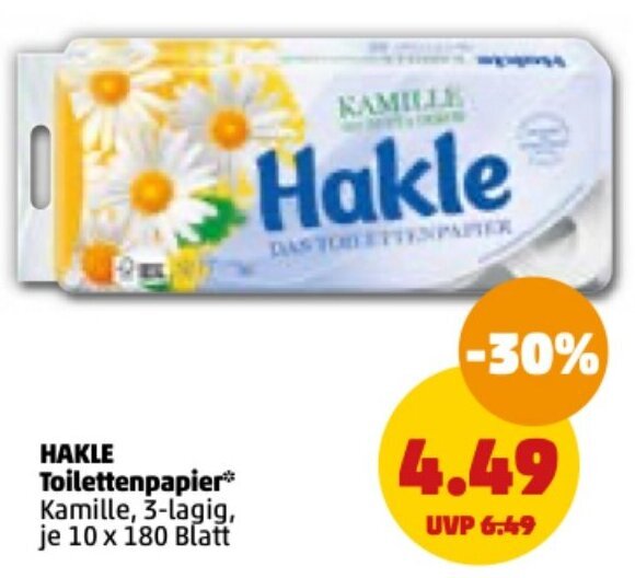 Hakle Toilettenpapier Kamille 3lagig, 10x180 Blatt Angebot bei PENNY