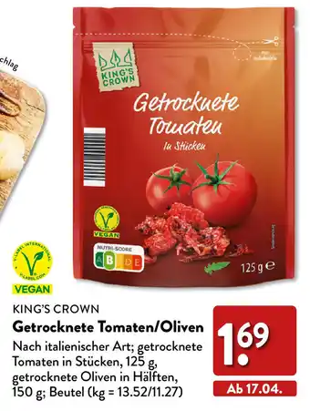 Aldi Nord King's Crown Getrocknete Tomaten/Oliven 150 g Beutel Angebot