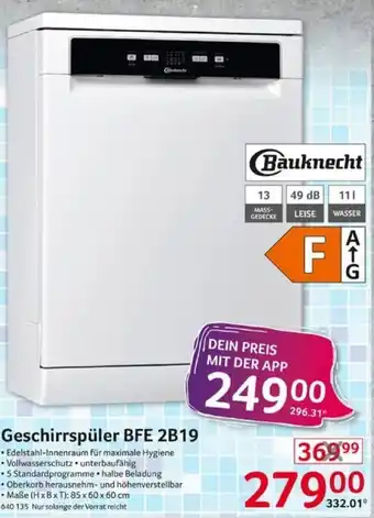 Selgros Geschirrspüler BFE 2B19 Angebot