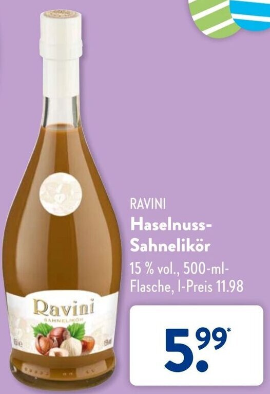 Ravini Haselnuss Sahnelikör 15% vol 500 ml Flasche Angebot bei Aldi Süd
