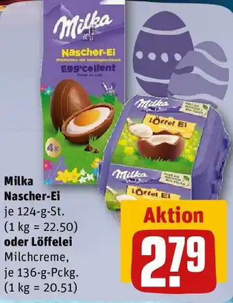 REWE Milka Nascher-Ei 124 g-St oder Löffelei Milchreme 136 g Pckg Angebot