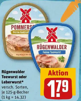 REWE Rügenwalder Teewurst oder Leberwurst 125 g Becher Angebot