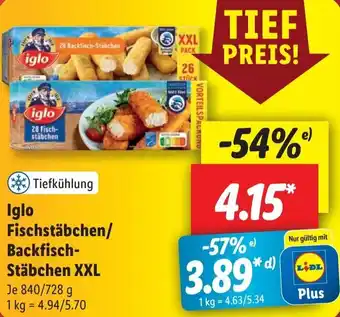 Lidl Iglo Fischstäbchen/Backfisch Stäbchen XXL 840/728 g Angebot
