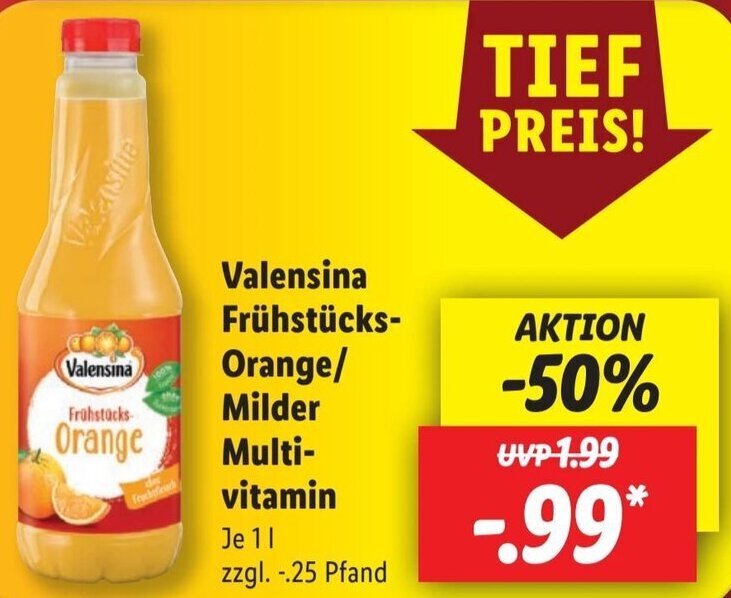 Valensina Frühstücks Orange/Milder Multivitamin 1 L Angebot bei Lidl