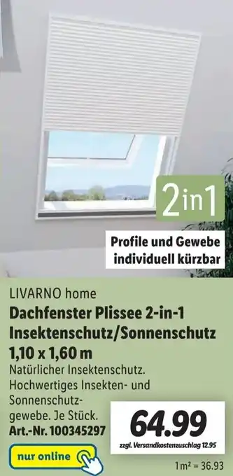 Lidl Livarno Home Dachfenster Plissee 2in1 Insektenschutz/Sonnenschutz 1,10 x 1,60 m Angebot