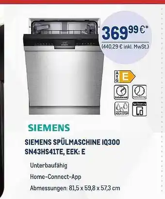 METRO Siemens spülmaschine iq300 sn43hs41te, eek:e Angebot