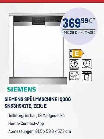 METRO Siemens spülmaschine iq300 sn53hs41te, eek:e Angebot