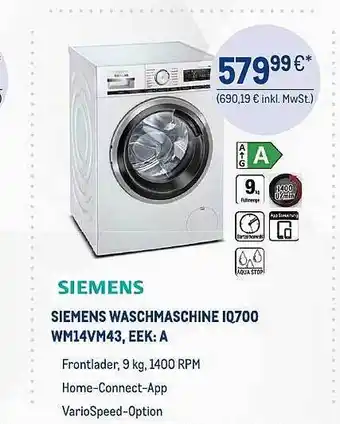 METRO Siemens waschmaschine iq700 wm14vm43, eek:a Angebot