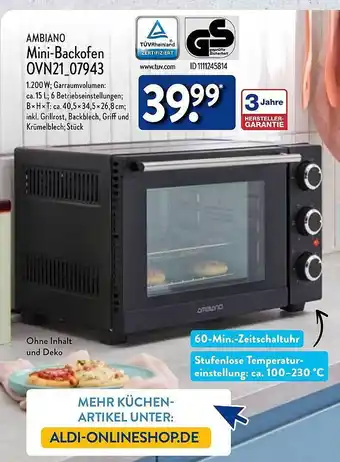 Aldi Nord Ambiano mini-backofen ovn21-07943 Angebot