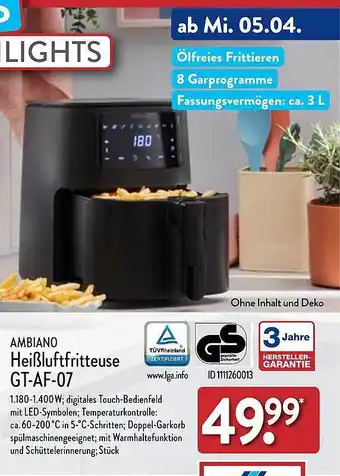 Aldi Nord Ambiano heißluftfritteuse gt-af-07 Angebot