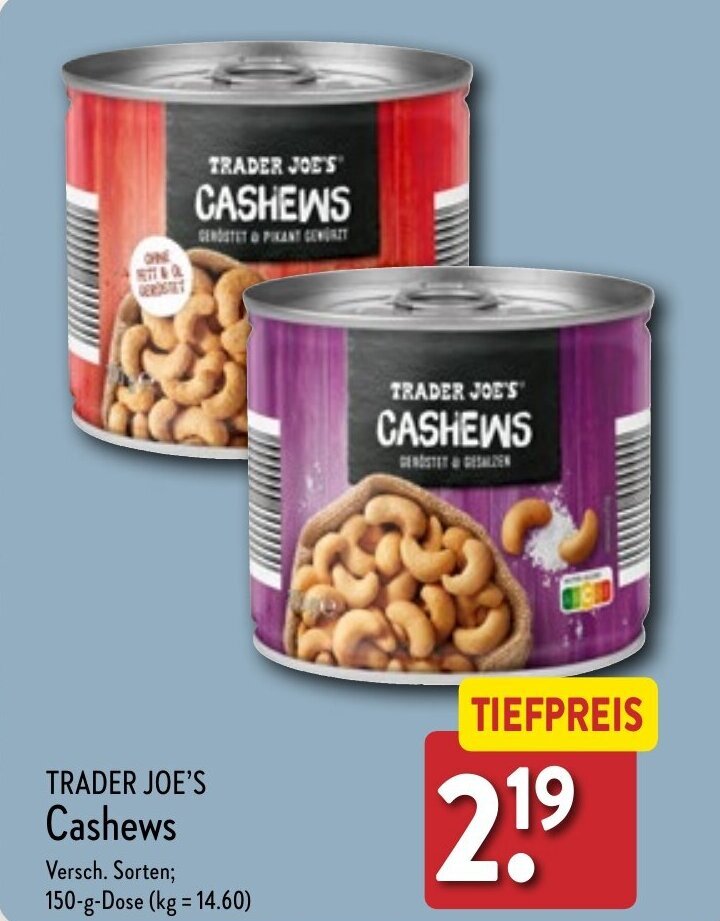 Trader Joe's Cashews 150 g Dose Angebot bei Aldi Nord