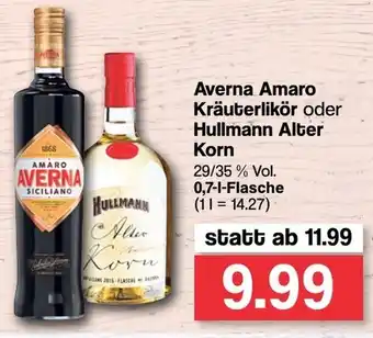 Famila Nord West Averna Amaro Kräuterlikör oder Hullmann Alter Korn 0,7L Angebot