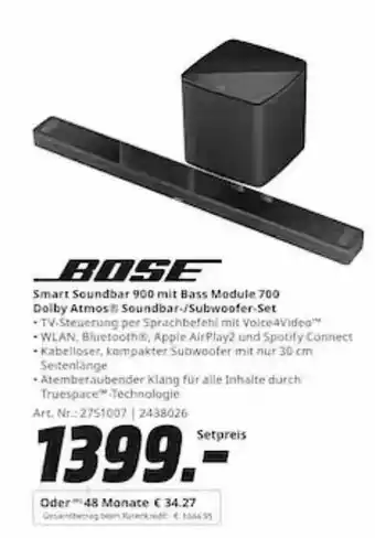 Saturn Bose smart soundbar 900 mit bass module 700 dolby atmos soundbar - subwoofer-set Angebot