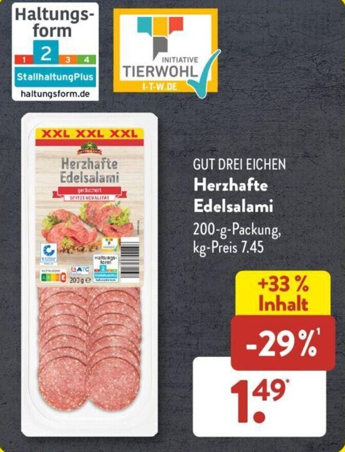 Gut Drei Eichen Herzhafte Edelsalami 200 g packung Angebot bei Aldi Süd