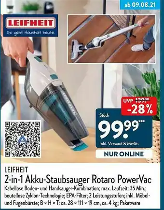 Aldi Nord Leifheit 2in1 Akku-staubsauger Rotaro Powervac Angebot