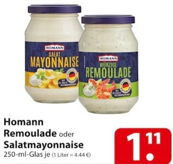 Homann Remoulade oder Salatmayonnaise 250 ml Glas Angebot bei Famila