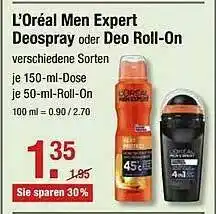 V Markt L'oréal Men Expert Deospray Oder Deo Roll-on Angebot