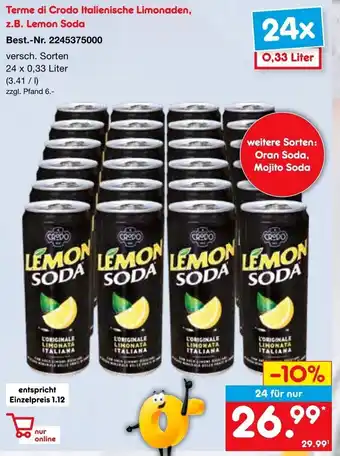 Netto Marken-Discount Terme di Crodo Italienische Limonaden, Lemon Soda 24 x 0,33 Liter Angebot