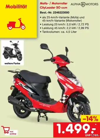 Netto Marken-Discount Alpha Motors Mofa/Motorroller CityLeader 50 ccm Angebot
