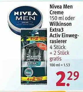 Rossmann Nivea Men Creme Oder Wilkinson Extra3 Activ Einwegrasierer Angebot