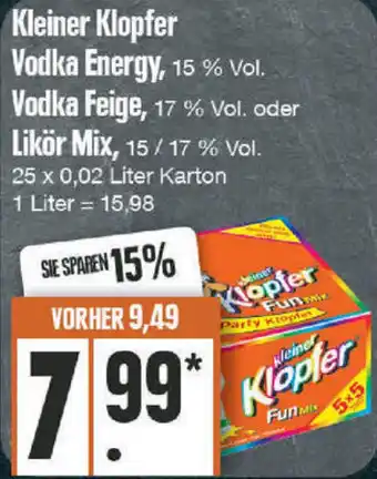 Edeka Kleiner Klopfer Vodka Energy 15 % Vodka feige 17 % Likör Mix 15/17 % Vol Angebot